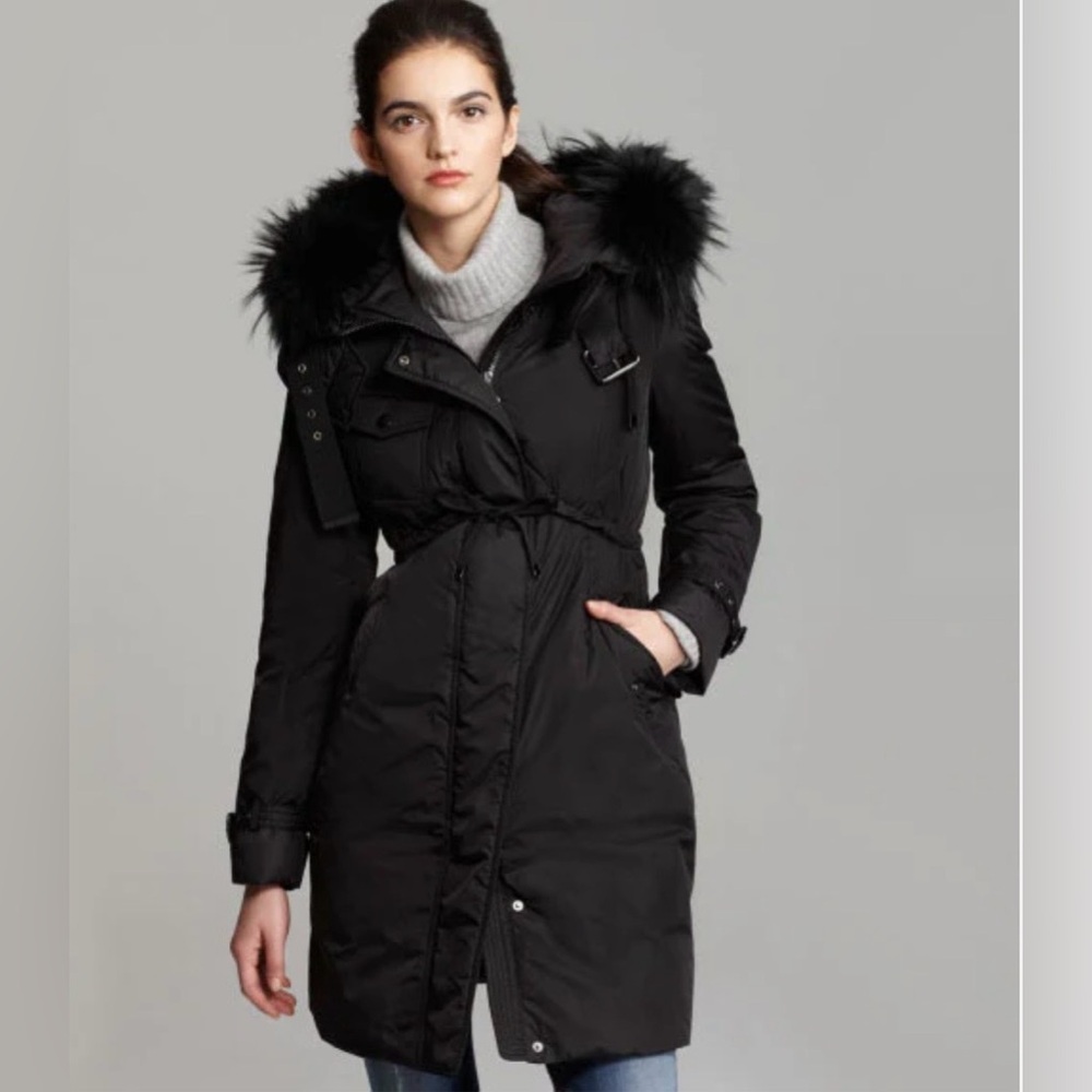 Moncler Phalangere Black Cinched Waist Down Puffer Coat Fur Trim Size 2 (US S/M)